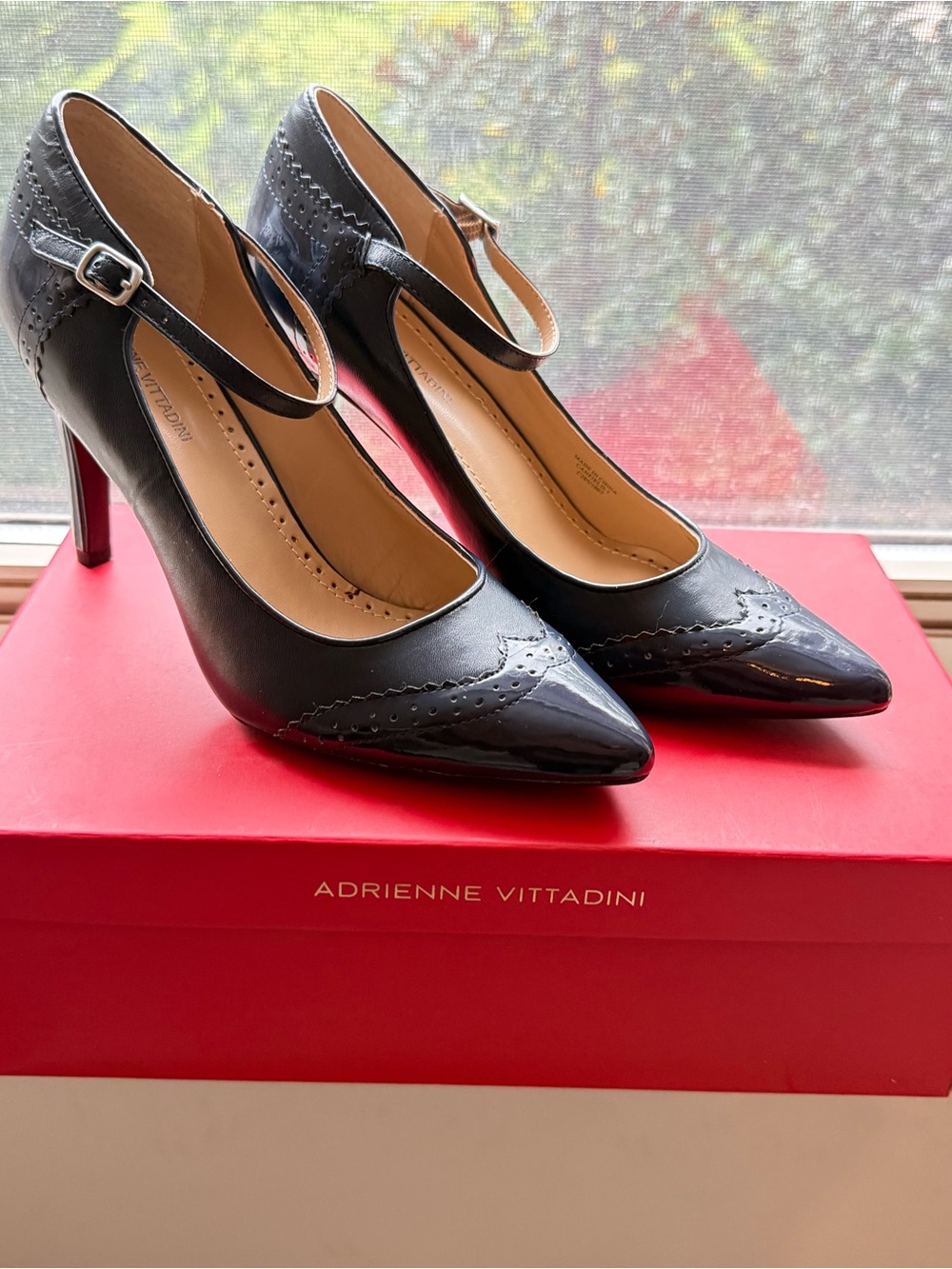 Adrienne Vittadini Black Patent Pointed Mary Jane Heels